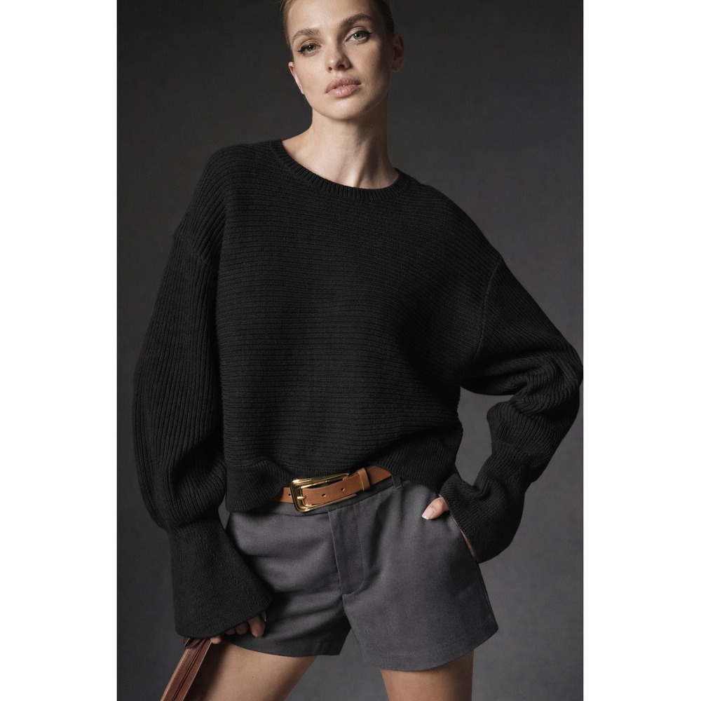 Anthropologie Maeve Black Ribbed Knit Pullover‎ Sweater Bell Sleeve Size Medium